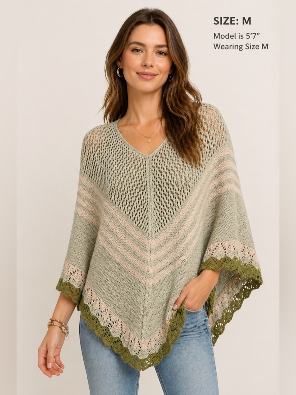 Vertigo Open Knit Poncho Sweater M Boho Crochet Colorblock Cape Shawl